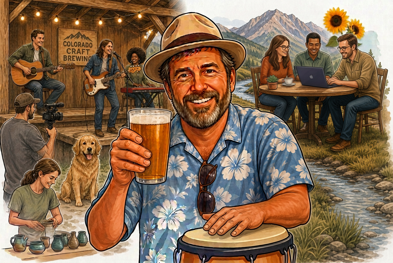 Illustration of Dalton Vaughan at a Colorado brewery event, surrounded by local bands, filmmakers, makers and his puppy